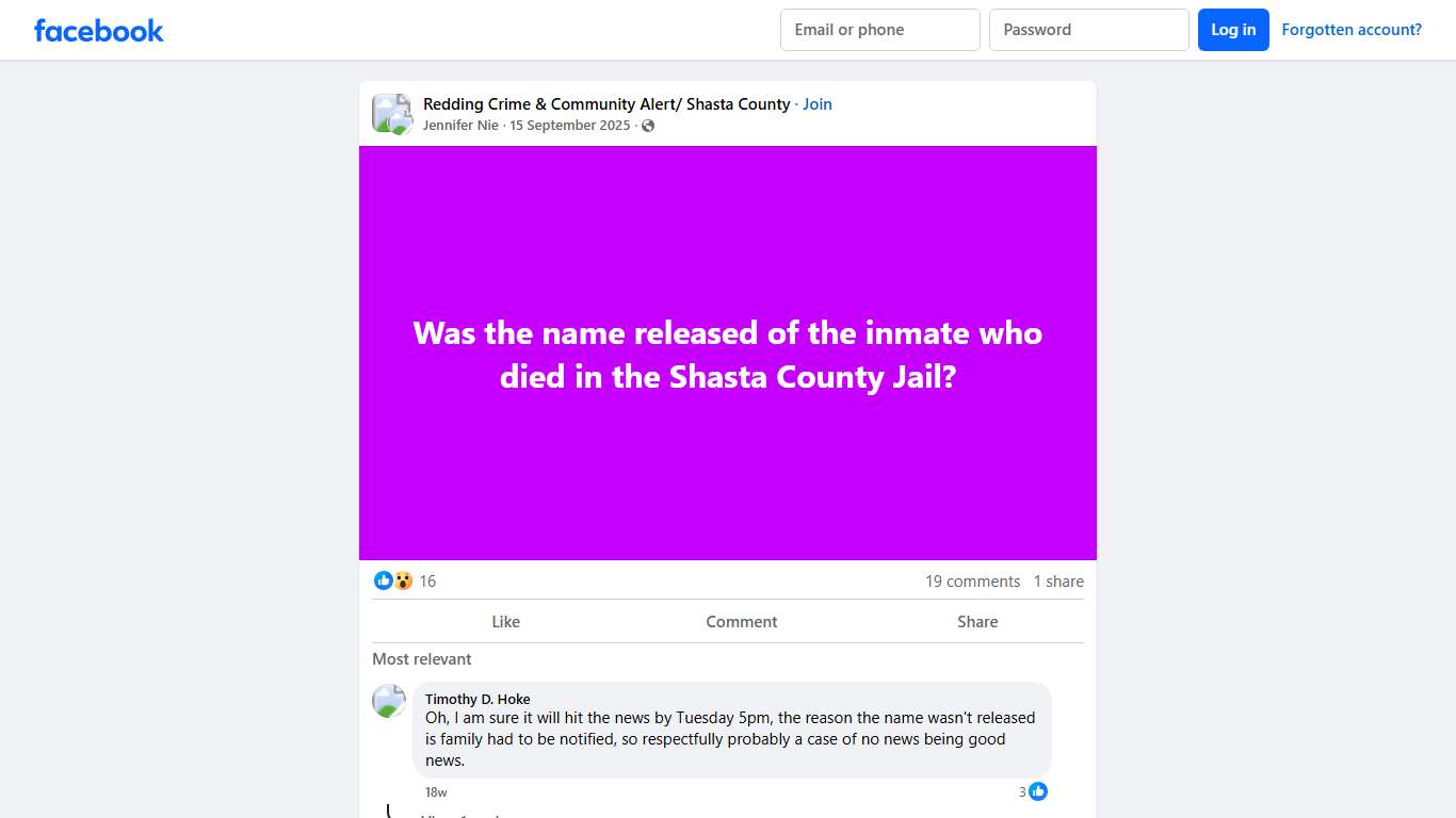 Redding Crime & Community Alert/ Shasta County | Was the name released of the inmate who died in the Shasta County Jail | Facebook