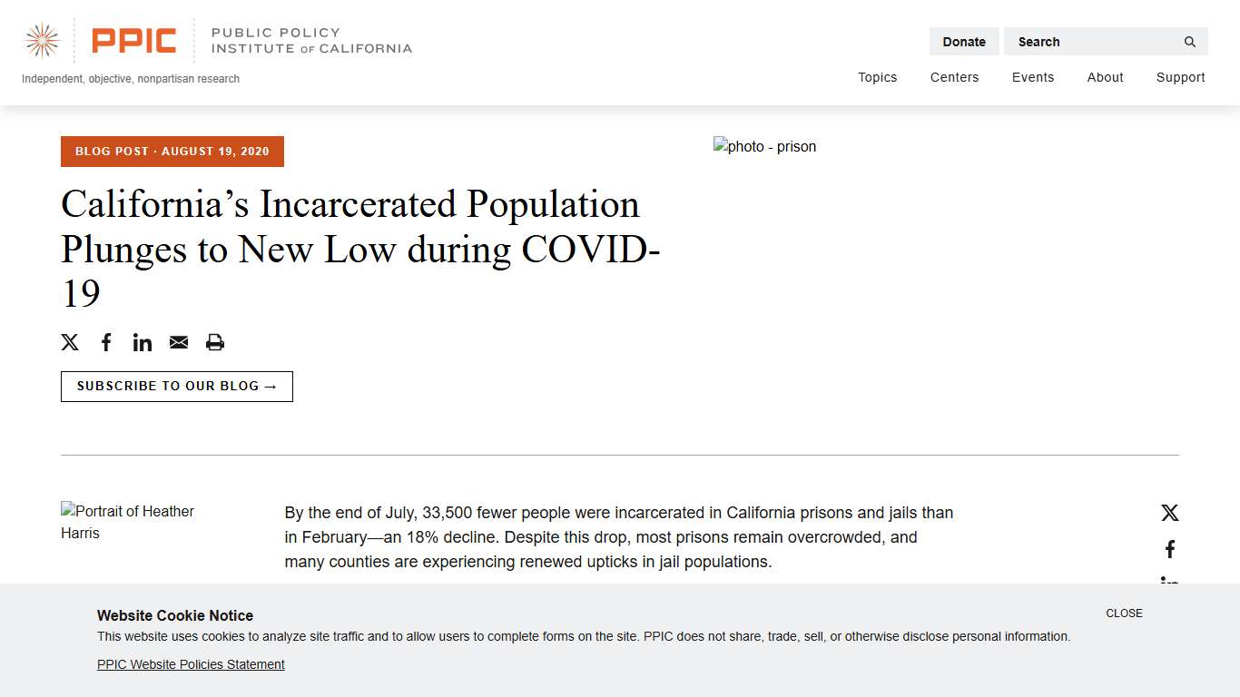 California’s Incarcerated Population Plunges to New Low during COVID-19 - Public Policy Institute of California